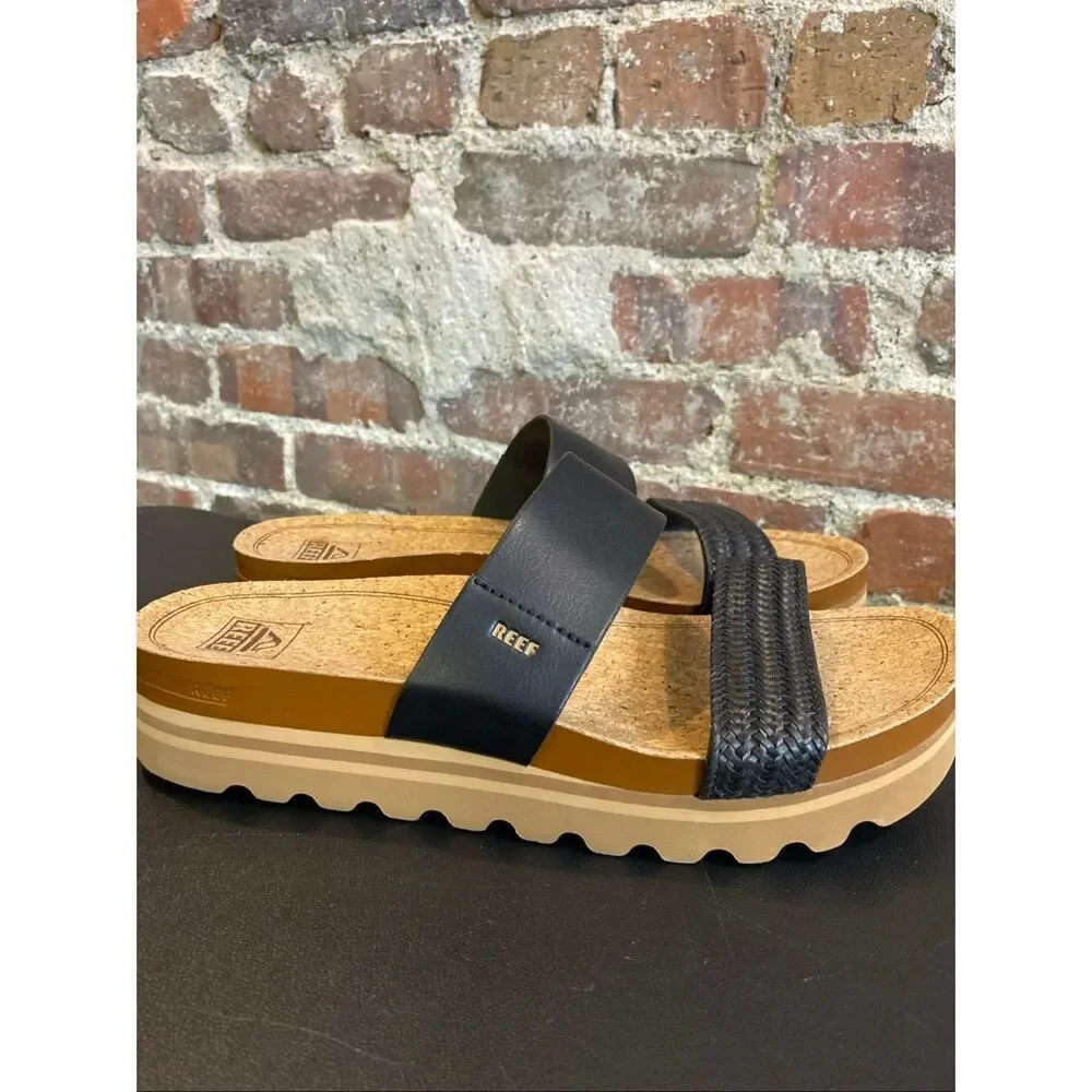 REEF • Black Vegan Leather Braided Double Strap Tan Cork/Foam 2” Sole Slide Sand